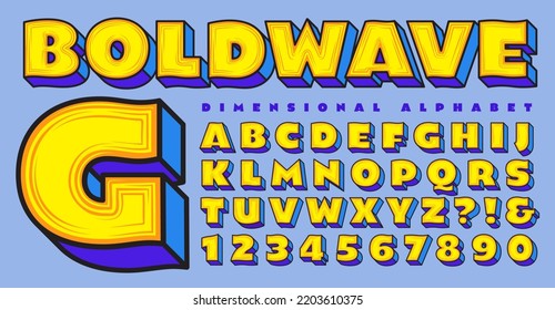 Boldwave is an extra bold wavy and dimensional alphabet with graphical 3d effects, and a bright palette of yellows and purples.