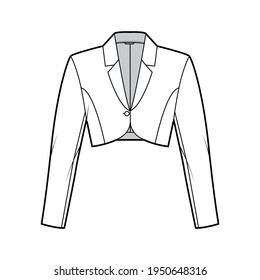Bolero jacket technical fashion illustration with crop waist length, long sleeves, notched collar, button closure. Flat blazer template front, white color style. Women, men, unisex top CAD mockup