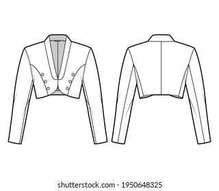 Bolero jacket technical fashion illustration with crop waist length, long sleeves, shawl collar, button closure. Flat blazer template front, back, white color style. Women, men, unisex top CAD mockup