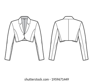 Bolero jacket technical fashion illustration with crop waist length, long sleeves, notched collar, button closure. Flat blazer template front, back, white color style. Women, men unisex top CAD mockup