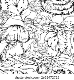 Bolete cep leite-cap cogumelo com caracol em folhas de outono caídas pilha, amoras turvas galhos. Mão de padrão sem costura desenhada em tinta vetorial. Colheita florestal. Menu de mercado de agricultores, caseiros conserva embalagem