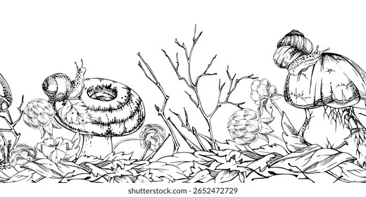 Bolete cep leite-cap cogumelo com caracol em cima de folhas de outono caídas pilha, amoras turvas galhos. Colheita de fungos na floresta. Mão de banner sem costura desenhada em tinta vetorial. Papel Washi, embalagem de comida selvagem