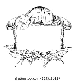 Bolete cep cogumelo em cima do outono folhas pilha com galhos. Colheita florestal de fungos, ingrediente comestível cru para cozinha vegana. Copiar quadro de espaço desenhado à mão em tinta vetorial. Planejador sazonal, menu livro de receitas