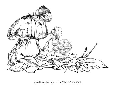 Bolete cep mushroom with snail on top of fallen autumn leaves pile, cloudberry berries twigs. Fungus forest harvest. Illustration hand drawn in vector ink. Seasonal planner stickers, menu cookbook
