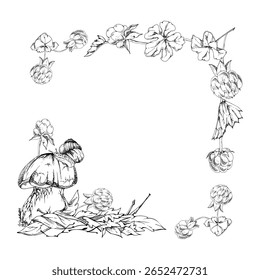 Bolete cep mushroom with snail on top of fallen autumn leaves pile, cloudberry berries twigs. Square corner frame hand drawn in vector ink. Fungus forest harvest. Calendar elements, cards labels tags