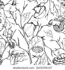Bolete cep russula suillus milk-cap striped mushroom, fallen autumn leaves snails. Fungi nature seamless pattern hand drawn in vector ink. Brambles, twisting branches twigs. Fabric linens wallpaper