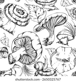 Bolete cep russula suillus cogumelo fungo com folhas de outono agulhas de pinheiro caracóis, colheita de floresta. Mão de padrão sem costura desenhada em tinta vetorial. Scrapbooking decoupage origami, embalagem de mercado de agricultores