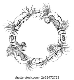 Bolete cep russula suillus mushroom fungi with horsetail plant stalks, twigs grass blades undergrowth. Copy space wreath frame hand drawn in vector ink. Menu list accents, home preserves labels tags