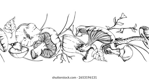 Bolete cep russula suillus mushroom fungi with leaves twigs pine needles, autumn forest harvest, vegan cooking edible raw ingredient. Seamless banner header hand drawn in vector ink. Decals, stencils