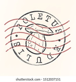 Boletus Edulis Stamp Postal. Porcini Mushroom Silhouette Seal. Passport Round Design. Vector Icon. Design Retro Travel.