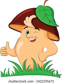
Boletus with a leaf shows thumb up. vector and illustration.