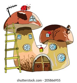 Boletus mushroom house with ladybird and ladder