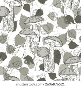 Boletus mushrooms and birch leaves on white. Seamless vector pattern. Hand drawn illustration. Contours and silhouettes. Monochrome. Perfect for design templates, wallpaper, wrapping, fabric, print