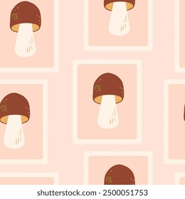 Los hongos Boletus comprobaron un patrón sin fisuras. Fondo de repetición de la caja de Bento. Sellos retro de otoño bosque cep diseño sin fin. Vector dibujado a mano ilustración.