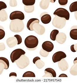 Boletus mushrooms seamless pattern in cartoon flat style. Vector illustration. Autumn mushroom collection season.