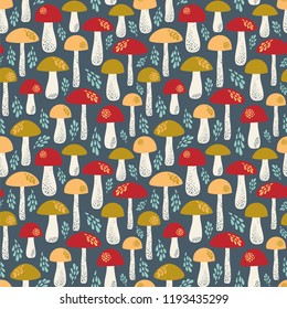 Boletus on a dark background. Seamless vector pattern with mushrooms.