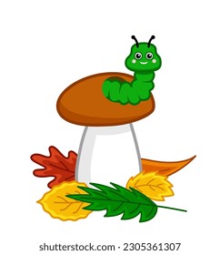 Boletus or porcini with green worn and autumn fallen leaves. Mushroom. Cartoon, flat. Isolated vector illustration eps 10