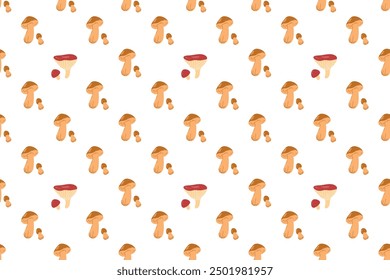 Boletus, russula mushroom background pattern. Seamless pattern with stylized sketches of edible mushrooms hand drawn textured mushrooms. Cute Fall nature illustration, design element.