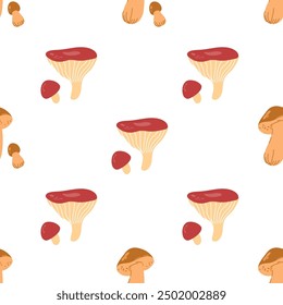 Boletus, russula mushroom background pattern. Seamless pattern with stylized sketches of edible mushrooms hand drawn textured mushrooms. Cute Fall nature illustration, design element.