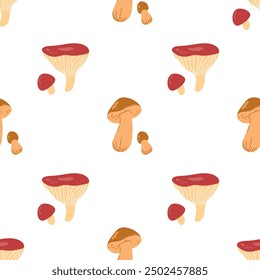 Boletus, russula mushroom background pattern. Seamless pattern with stylized sketches of edible mushrooms hand drawn textured mushrooms. Cute Fall nature illustration, design element.