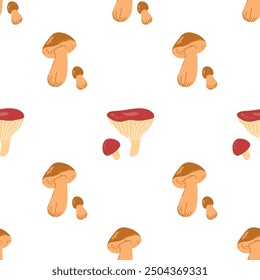 Boletus, russula mushroom background pattern. Seamless pattern with stylized sketches of edible mushrooms hand drawn textured mushrooms. Cute Fall nature illustration, design element.