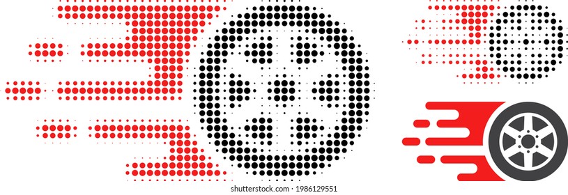 Bolide car wheel halftone dotted icon. Halftone array contains circle dots. Vector illustration of bolide car wheel icon on a white background.