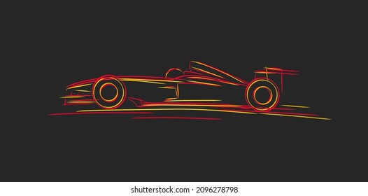 Bolide sport car side view line sketch illustration, bright red and orange lines creating car silhouette on black background