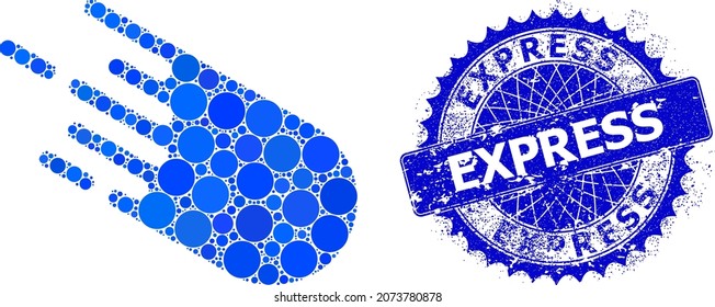 Bolide vector composition of round dots in various sizes and blue color tints, and distress Express stamp. Blue round sharp rosette stamp has Express title inside.