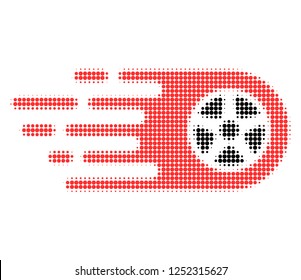 Bolide wheel halftone dotted icon. Halftone array contains circle dots. Vector illustration of bolide wheel icon on a white background.