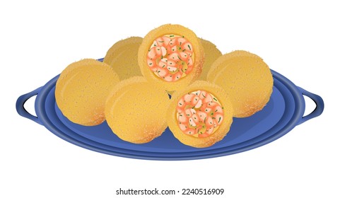 Bolinho de camarao. Fried shrimp in dough in batter in the shape of a ball. Latin American food. Colorful vector illustration isolated on white background.