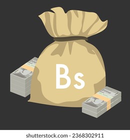 Bolivar Soberano Vector Illustration. Venezuela money set bundle banknotes. Money bag 200000 VES. Flat style. Isolated on white background. Simple minimal design.