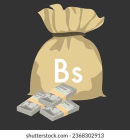 Bolivar Soberano Vector Illustration. Venezuela money set bundle banknotes. Money bag 200000 VES. Flat style. Isolated on white background. Simple minimal design.