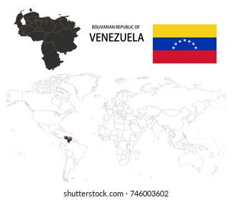 Bolivarian Republic of Venezuela map on a world map with flag on white background.