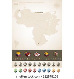 Bolivarian Republic of Venezuela and North America Maps, plus extra set of isometric icons & cartography symbols set (part of the World Maps Set)