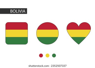 Bolivia 3 shapes (square, circle, heart) with city flag. Isolated on white background.