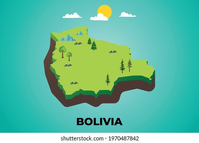 Bolivia 3d isometric map with topographic details mountains, trees and soil vector illustration design