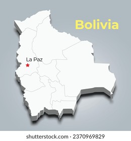 Bolivia 3d map with borders of regions and it’s capital