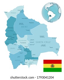 Bolivia administrative blue-green map with country flag and location on a globe. Vector illustration