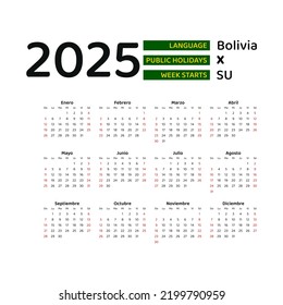 Bolivia Calendar 2025 Week Starts Sunday Stock Vector (Royalty Free