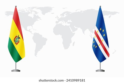 Bolivia and Cape Verde flags for official meeting against background of world map.