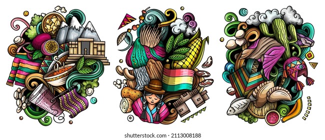 Bolivia cartoon vector doodle designs set. Colorful detailed compositions with lot of traditional symbols. Isolated on white illustrations