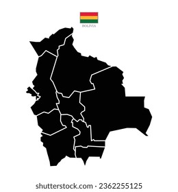 Bolivia contour vector map with state, black-white, flag in color. Background map eps 10