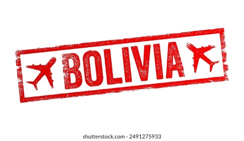 Bolivia es un país en el centro de Sudamérica, sello de emblema de texto con avión