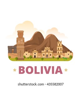 Bolivia country design template. Flat cartoon style historic sight showplace web vector illustration. World vacation travel South America collection. San Francisco Church La Paz Ancient city Sun Gate.