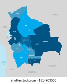 Bolivia country detailed vector map with divided regions, departments, provinces and capitals easy to ungroup.