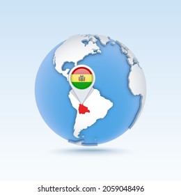 Bolivia - country map and flag located on globe, world map. 3D Vector illustration