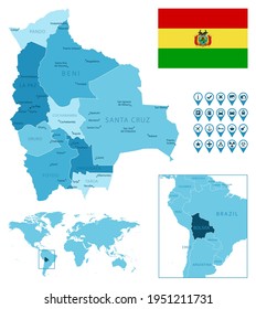 Bolivia detailed administrative blue map with country flag and location on the world map.