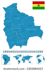 Bolivia - detailed blue country map with cities, regions, location on world map and globe. Infographic icons. Vector illustration