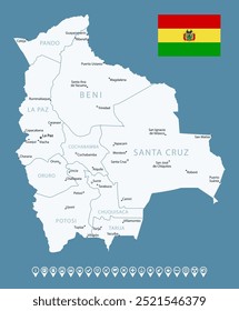 Bolívia - detalhado mapa azul do país com cidades e regiões. Ícones infográficos. Ilustração vetorial