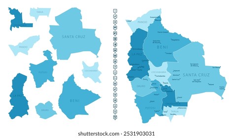 Bolívia - mapa detalhado do país em cores azuis, dividido em regiões. Ícones infográficos. Ilustração vetorial.